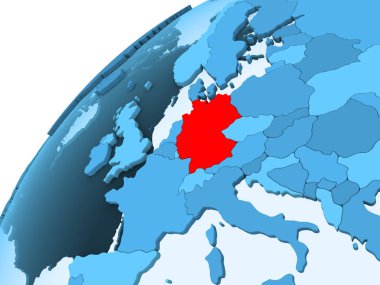 Almanya'da kırmızı mavi model, şeffaf okyanuslar ile siyasi dünya üzerinde. 3D çizim.