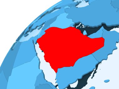 Suudi Arabistan kırmızı mavi model, şeffaf okyanuslar ile siyasi dünya üzerinde. 3D çizim.