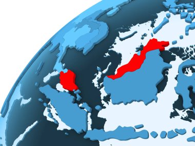 Malezya kırmızı mavi model, şeffaf okyanuslar ile siyasi dünya üzerinde. 3D çizim.