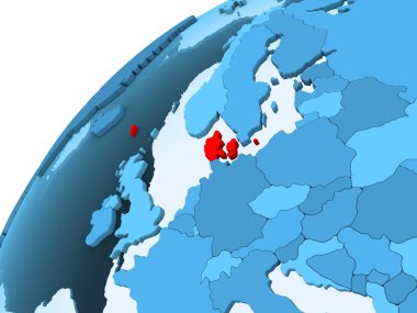 Danimarka kırmızı mavi model, şeffaf okyanuslar ile siyasi dünya üzerinde. 3D çizim.