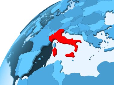 İtalya kırmızı mavi model, şeffaf okyanuslar ile siyasi dünya üzerinde. 3D çizim.