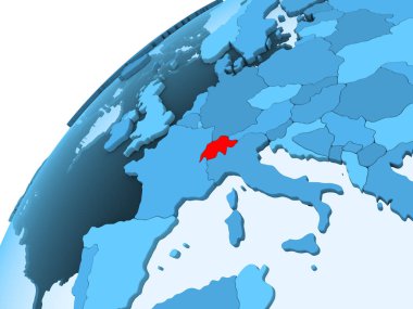 İsviçre kırmızı mavi model, şeffaf okyanuslar ile siyasi dünya üzerinde. 3D çizim.
