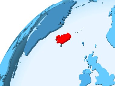 İzlanda kırmızı mavi model, şeffaf okyanuslar ile siyasi dünya üzerinde. 3D çizim.