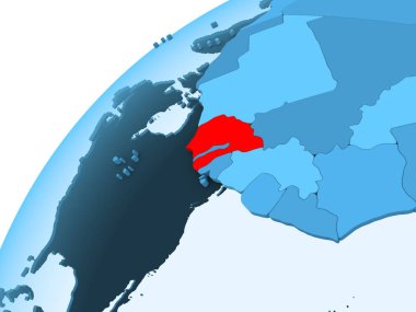 Senegal kırmızı mavi model, şeffaf okyanuslar ile siyasi dünya üzerinde. 3D çizim.