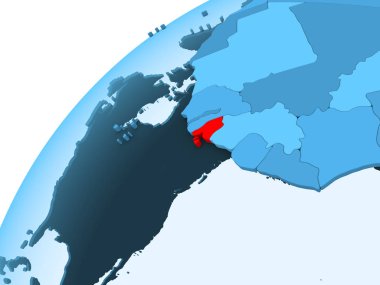 Gine-Bissau kırmızı mavi model, şeffaf okyanuslar ile siyasi dünya üzerinde. 3D çizim.