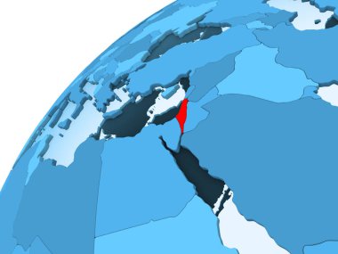 İsrail kırmızı mavi model, şeffaf okyanuslar ile siyasi dünya üzerinde. 3D çizim.