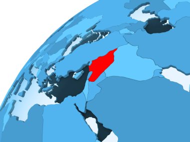 Suriye kırmızı mavi model, şeffaf okyanuslar ile siyasi dünya üzerinde. 3D çizim.
