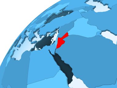Jordan kırmızı mavi model, şeffaf okyanuslar ile siyasi dünya üzerinde. 3D çizim.