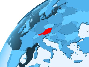 Avusturya kırmızı mavi model, şeffaf okyanuslar ile siyasi dünya üzerinde. 3D çizim.