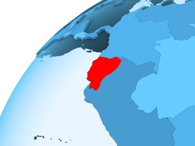 Ekvador kırmızı mavi model, şeffaf okyanuslar ile siyasi dünya üzerinde. 3D çizim.