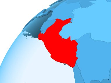 Peru kırmızı mavi model, şeffaf okyanuslar ile siyasi dünya üzerinde. 3D çizim.