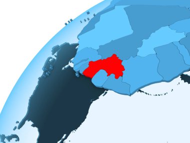 Gine kırmızı mavi model, şeffaf okyanuslar ile siyasi dünya üzerinde. 3D çizim.