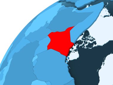 Kenya kırmızı mavi model, şeffaf okyanuslar ile siyasi dünya üzerinde. 3D çizim.