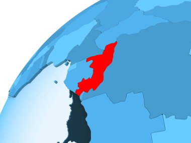 Kongo kırmızı mavi model, şeffaf okyanuslar ile siyasi dünya üzerinde. 3D çizim.