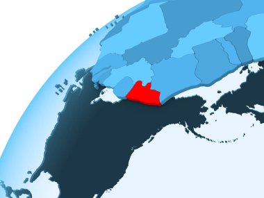 Liberya kırmızı mavi model, şeffaf okyanuslar ile siyasi dünya üzerinde. 3D çizim.