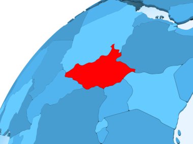 Güney Sudan kırmızı mavi model, şeffaf okyanuslar ile siyasi dünya üzerinde. 3D çizim.