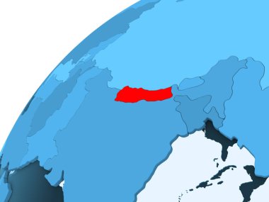 Nepal kırmızı mavi model, şeffaf okyanuslar ile siyasi dünya üzerinde. 3D çizim.