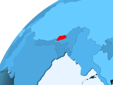 Bhutan kırmızı mavi model, şeffaf okyanuslar ile siyasi dünya üzerinde. 3D çizim.