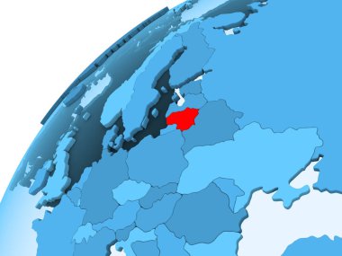 Litvanya kırmızı mavi model, şeffaf okyanuslar ile siyasi dünya üzerinde. 3D çizim.