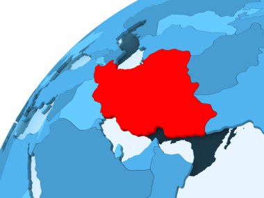 İran'da kırmızı mavi model, şeffaf okyanuslar ile siyasi dünya üzerinde. 3D çizim.