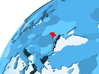 Moldova kırmızı mavi model, şeffaf okyanuslar ile siyasi dünya üzerinde. 3D çizim.