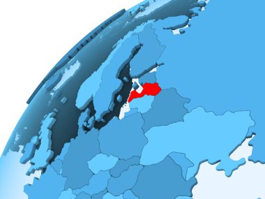 Letonya kırmızı mavi model, şeffaf okyanuslar ile siyasi dünya üzerinde. 3D çizim.