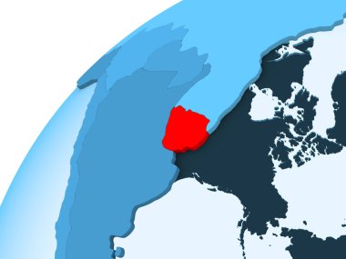 Uruguay kırmızı mavi model, şeffaf okyanuslar ile siyasi dünya üzerinde. 3D çizim.