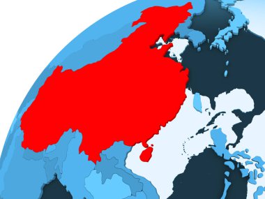 Çin kırmızı mavi model, şeffaf okyanuslar ile siyasi dünya üzerinde. 3D çizim.