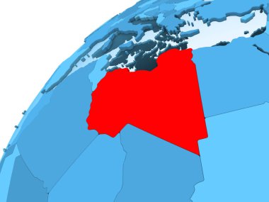 Libya kırmızı mavi model, şeffaf okyanuslar ile siyasi dünya üzerinde. 3D çizim.