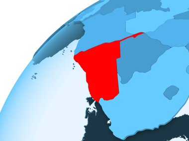 Namibya kırmızı mavi model, şeffaf okyanuslar ile siyasi dünya üzerinde. 3D çizim.