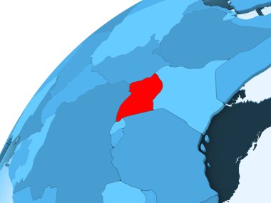 Uganda kırmızı mavi model, şeffaf okyanuslar ile siyasi dünya üzerinde. 3D çizim.