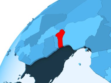 Benin kırmızı mavi model, şeffaf okyanuslar ile siyasi dünya üzerinde. 3D çizim.