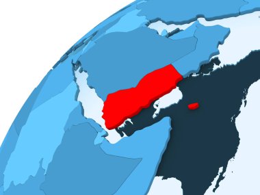 Yemen kırmızı mavi model, şeffaf okyanuslar ile siyasi dünya üzerinde. 3D çizim.
