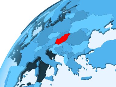 Macaristan kırmızı mavi model, şeffaf okyanuslar ile siyasi dünya üzerinde. 3D çizim.