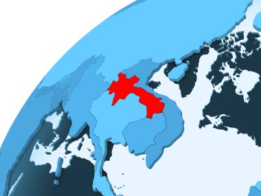 Laos kırmızı mavi model, şeffaf okyanuslar ile siyasi dünya üzerinde. 3D çizim.