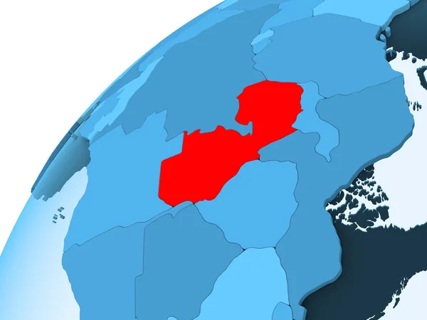 Zambiya Kırmızı Mavi Model Şeffaf Okyanuslar Ile Siyasi Dünya Üzerinde — Stok fotoğraf