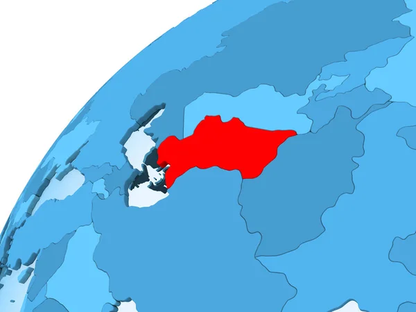 Türkmenistan Kırmızı Mavi Model Şeffaf Okyanuslar Ile Siyasi Dünya Üzerinde — Stok fotoğraf