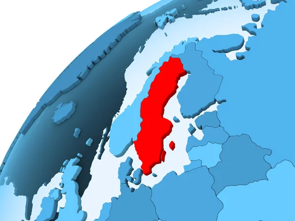 Σουηδία Κόκκινο Χρώμα Στο Μπλε Μοντέλο Πολιτικό Κόσμο Διαφανές Ωκεανούς — Φωτογραφία Αρχείου