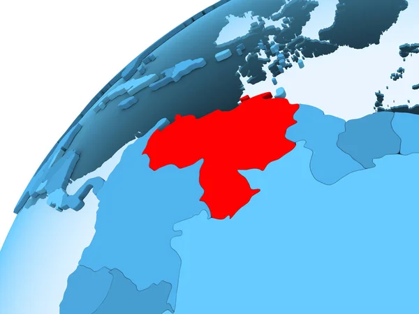 委内瑞拉以红色对政治地球的蓝色模型以透明的海洋 — 图库照片