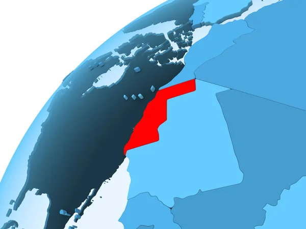 西撒哈拉以红色对政治地球的蓝色模型以透明的海洋 — 图库照片