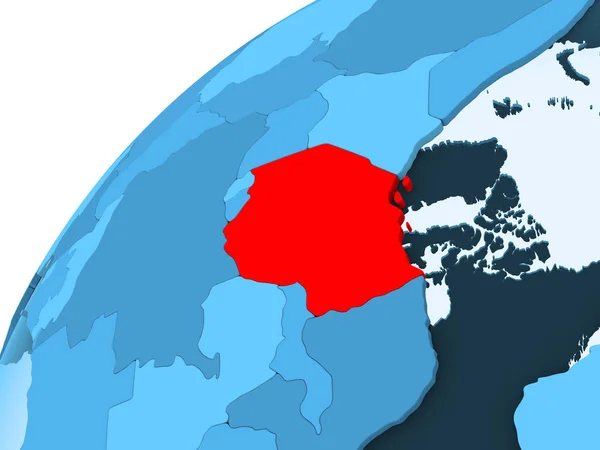 坦桑尼亚以红色对政治地球的蓝色模型以透明的海洋 — 图库照片