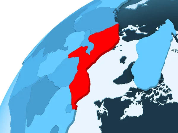 Mozambik Czerwono Niebieski Model Globus Polityczny Przezroczystym Oceanów Ilustracja — Zdjęcie stockowe
