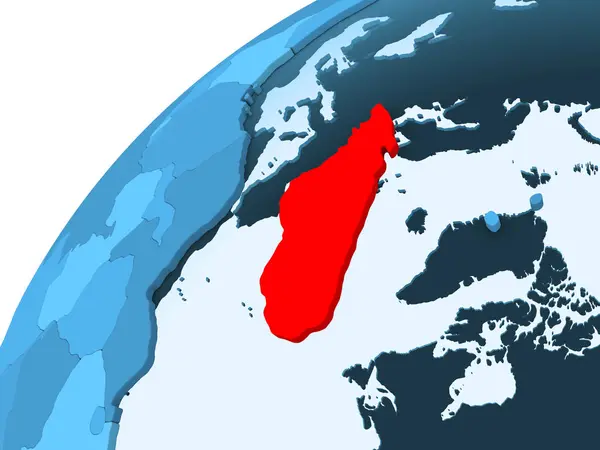 马达加斯加以红色在蓝色政治地球的模式与透明的海洋 — 图库照片