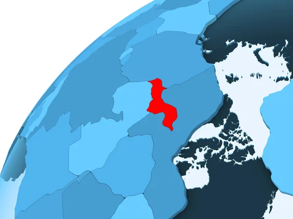 Malawi Czerwono Niebieski Model Globus Polityczny Przezroczystym Oceanów Ilustracja — Zdjęcie stockowe