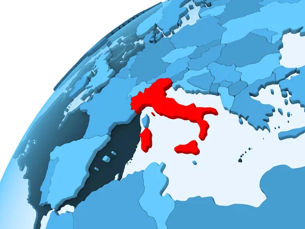 Италия Красном Голубой Модели Политического Глобуса Прозрачными Океанами Иллюстрация — стоковое фото