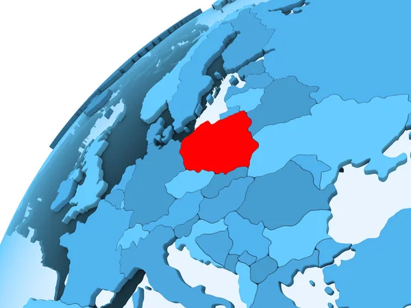 Polonya kırmızı mavi model, şeffaf okyanuslar ile siyasi dünya üzerinde. 3D çizim.