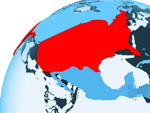 Ηπα Κόκκινο Χρώμα Στο Μπλε Μοντέλο Πολιτικό Κόσμο Διαφανές Ωκεανούς — Φωτογραφία Αρχείου