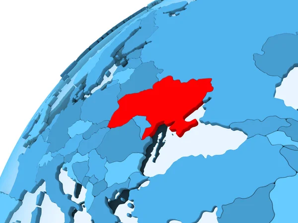 乌克兰以红色对政治地球的蓝色模型以透明的海洋 — 图库照片