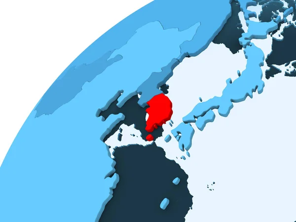 Южная Корея Красном Голубой Модели Политического Глобуса Прозрачными Океанами Иллюстрация — стоковое фото