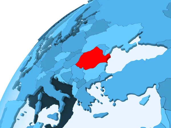 罗马尼亚以红色对政治地球的蓝色模型与透明的海洋 — 图库照片